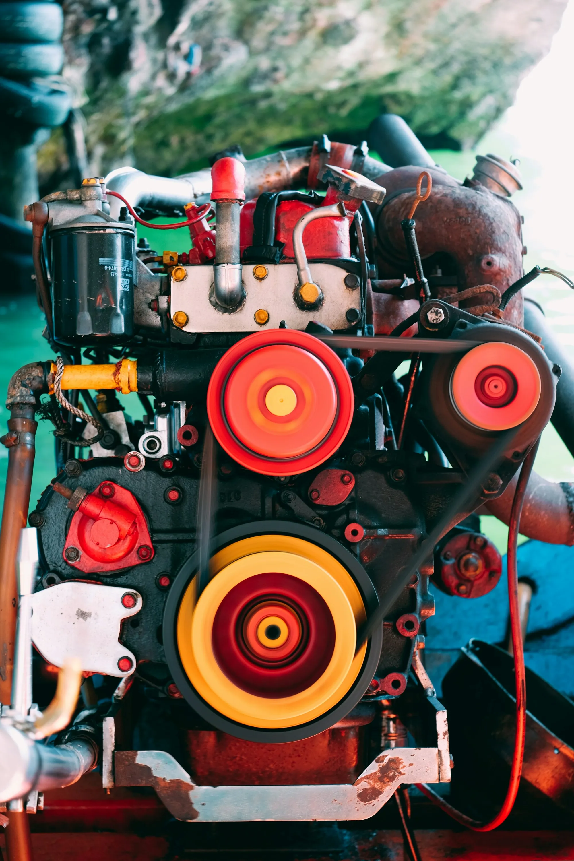 Close view of an engine with colorful pulleys and components