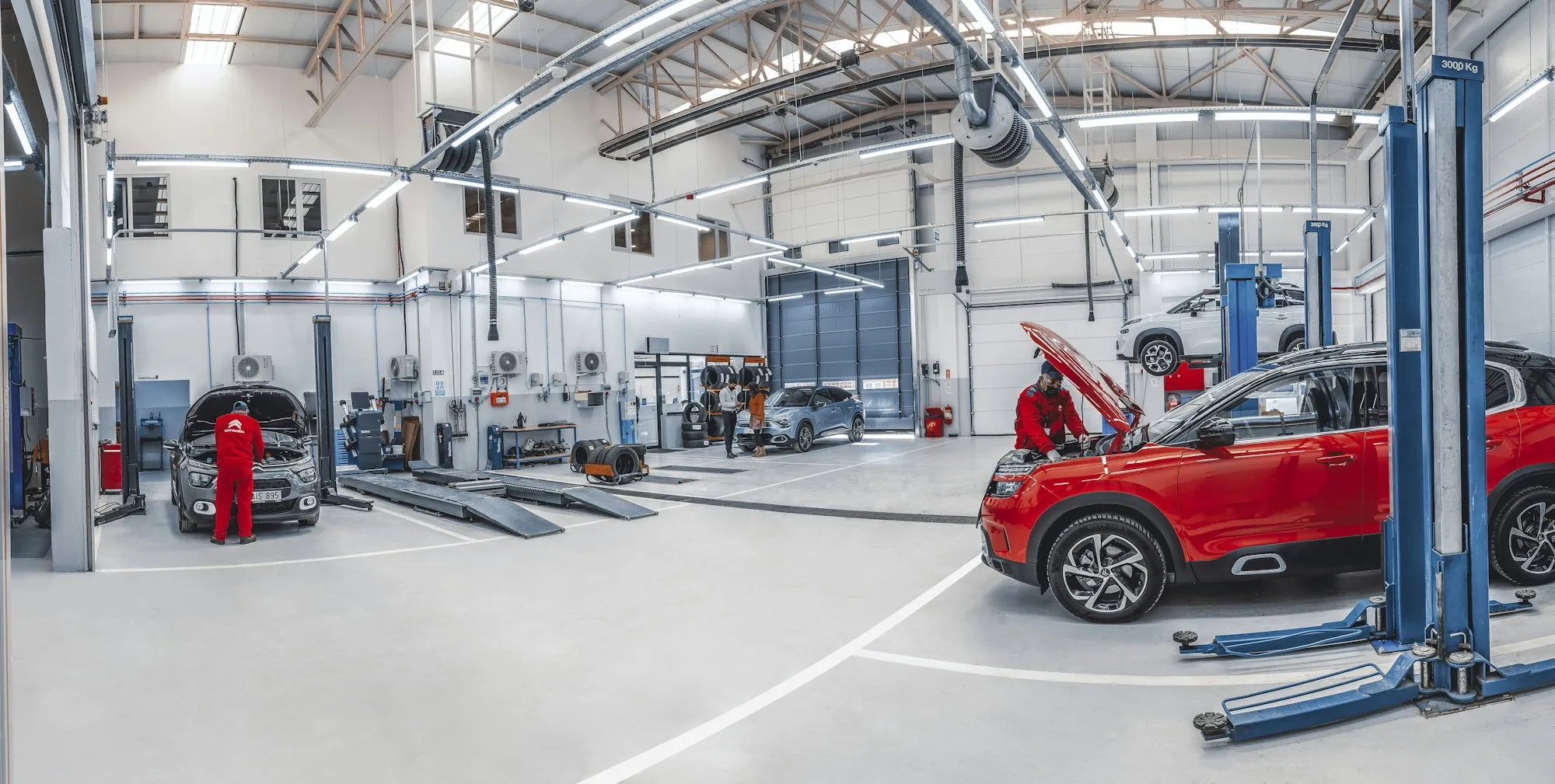 Bright repair shop with several cars raised on lifts